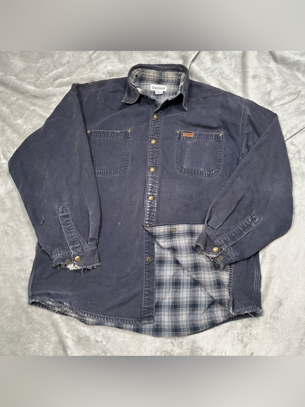 Vintage Carhartt Shirt Jacket Men L MidnightBlue Cavnas Flannel Lined Distressed